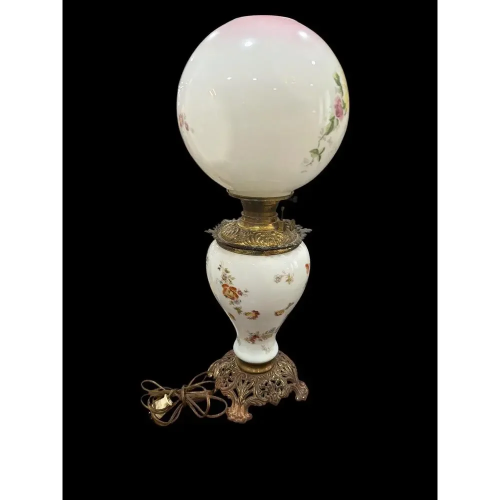 Antique Gone With the Wind Lamp Hand Painted Floral Globe Electrified 25